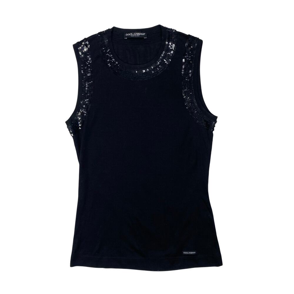 Dolce & Gabbana Black Sequin Trim Sleeveless T Shirt